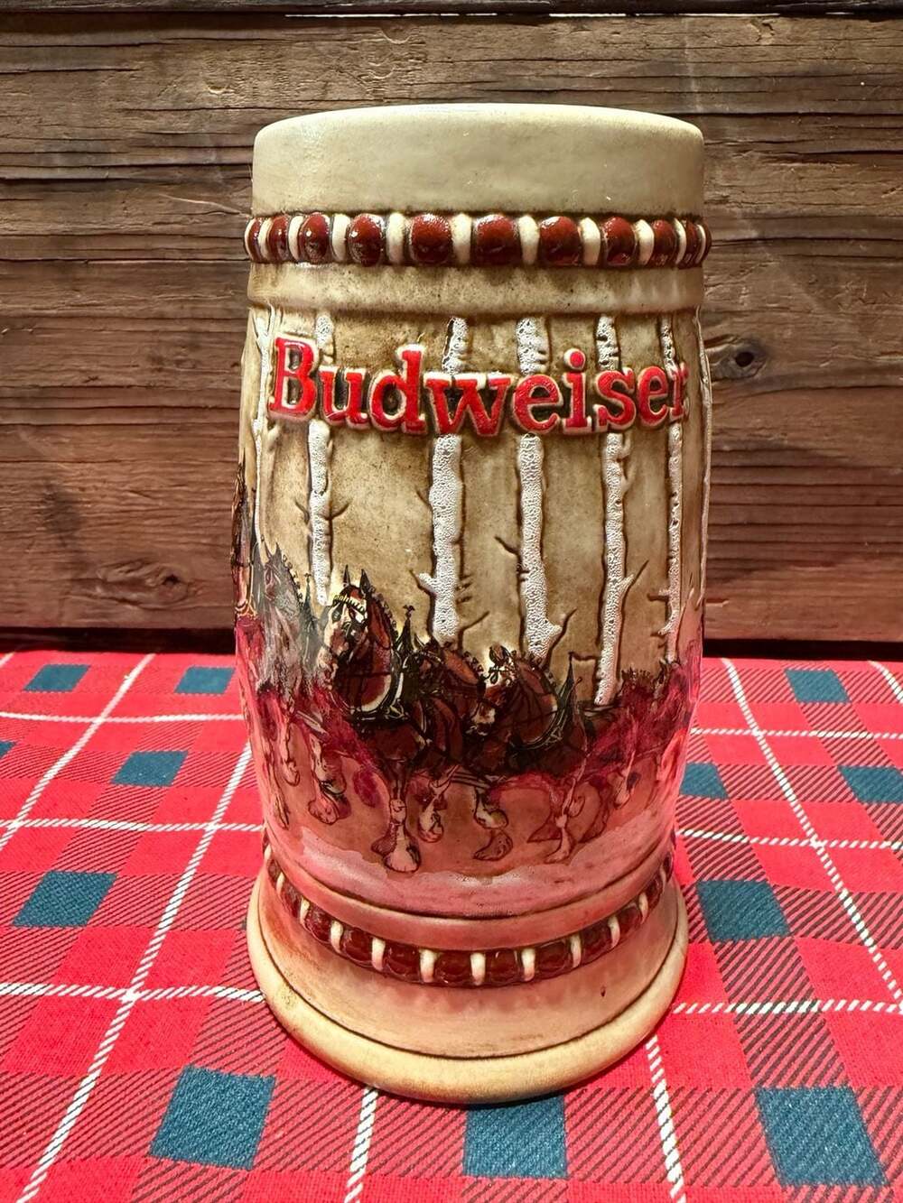 Vintage 1981 Budweiser Beer Stein Snowy Birch Trees Ceramarte